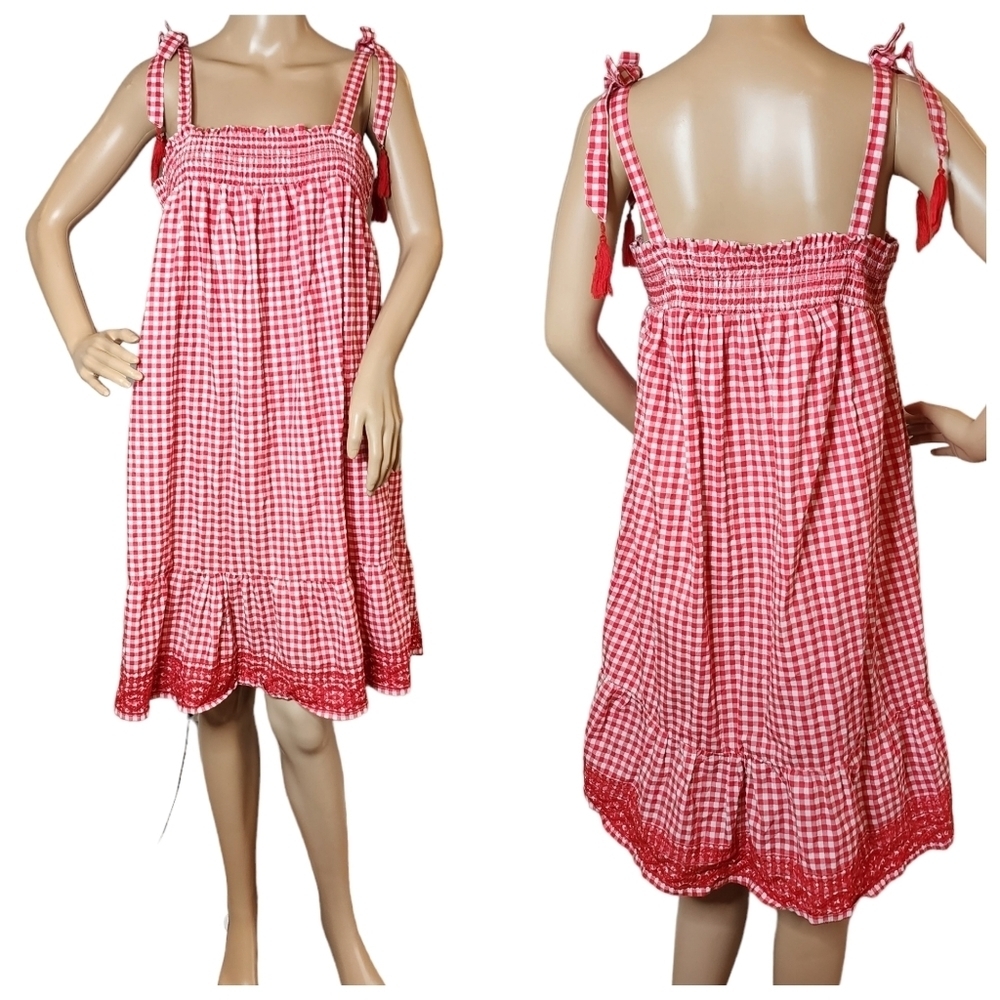 Margaux Riviera Red/White checkered gingham smocked embroidered dress. Size XL.